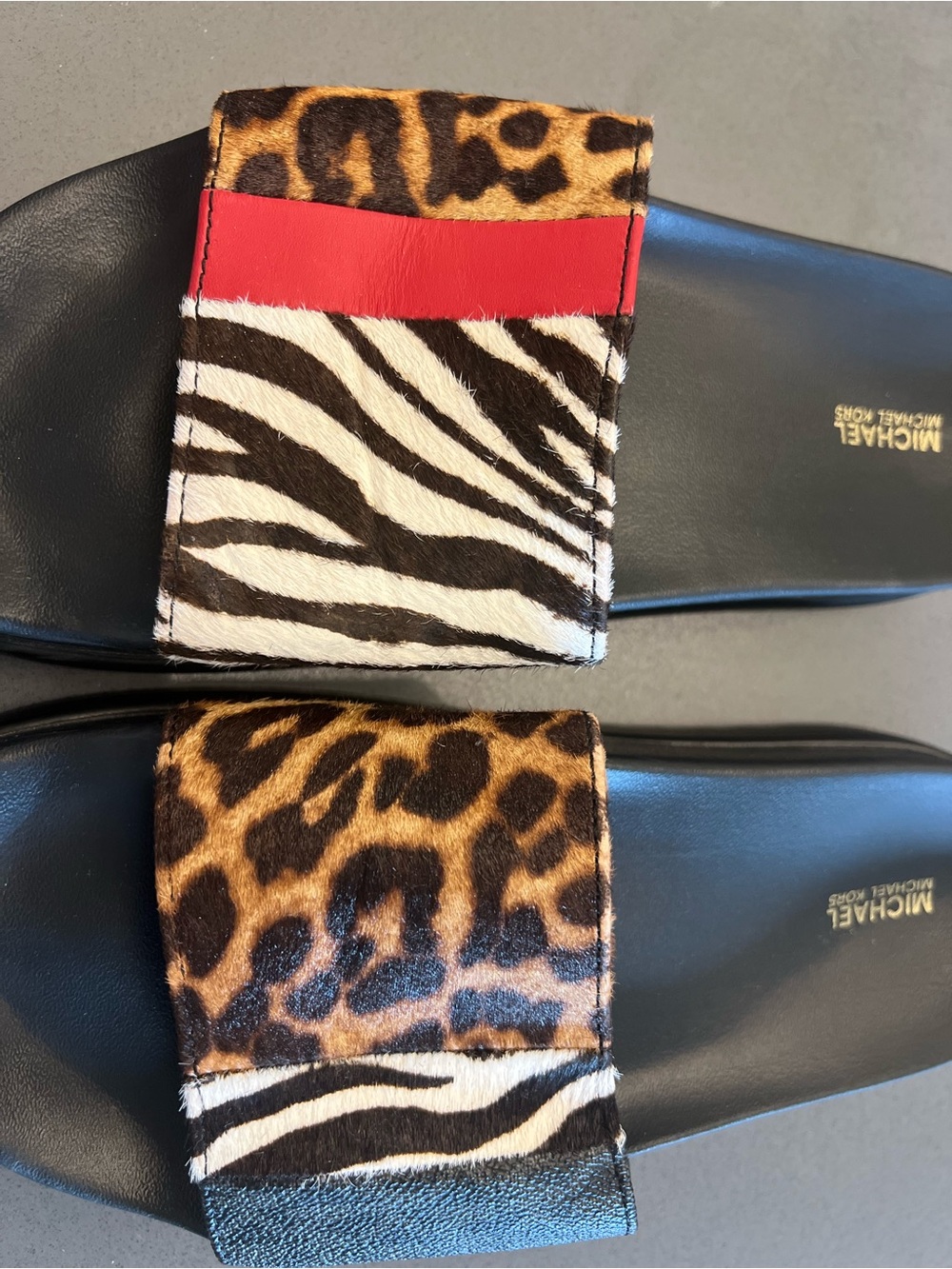 MICHAEL Michael Kors Animal Print Calf Hair Slides Black Brown White Red Size 10 - Picture 5 of 6